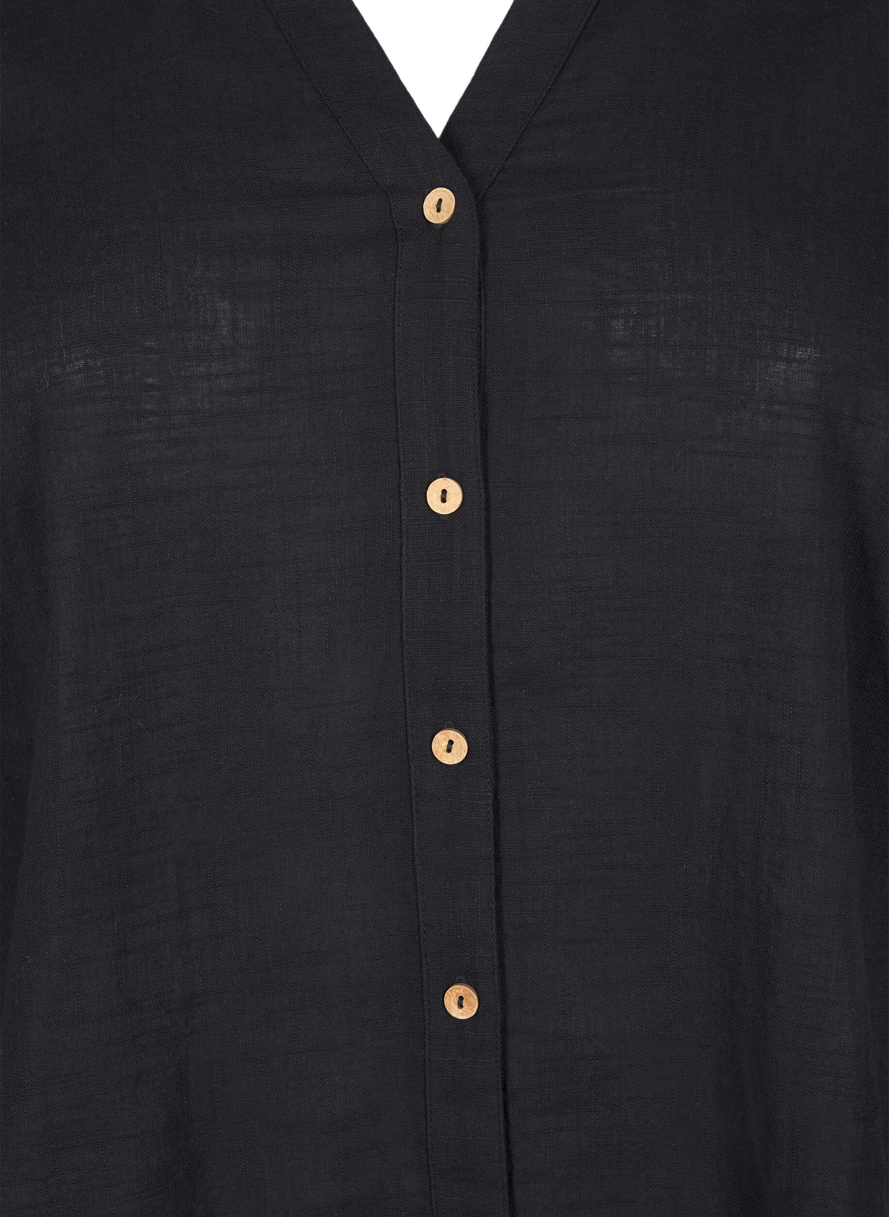 Zizzifashion Cotton shirt blouse with a v-neck, Black, Packshot image number 2