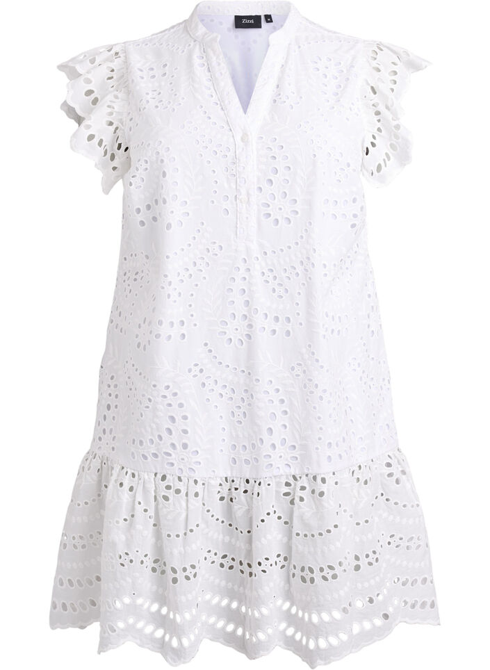 Broderie anglaise dress with ruffle sleeves, White, Packshot image number 0