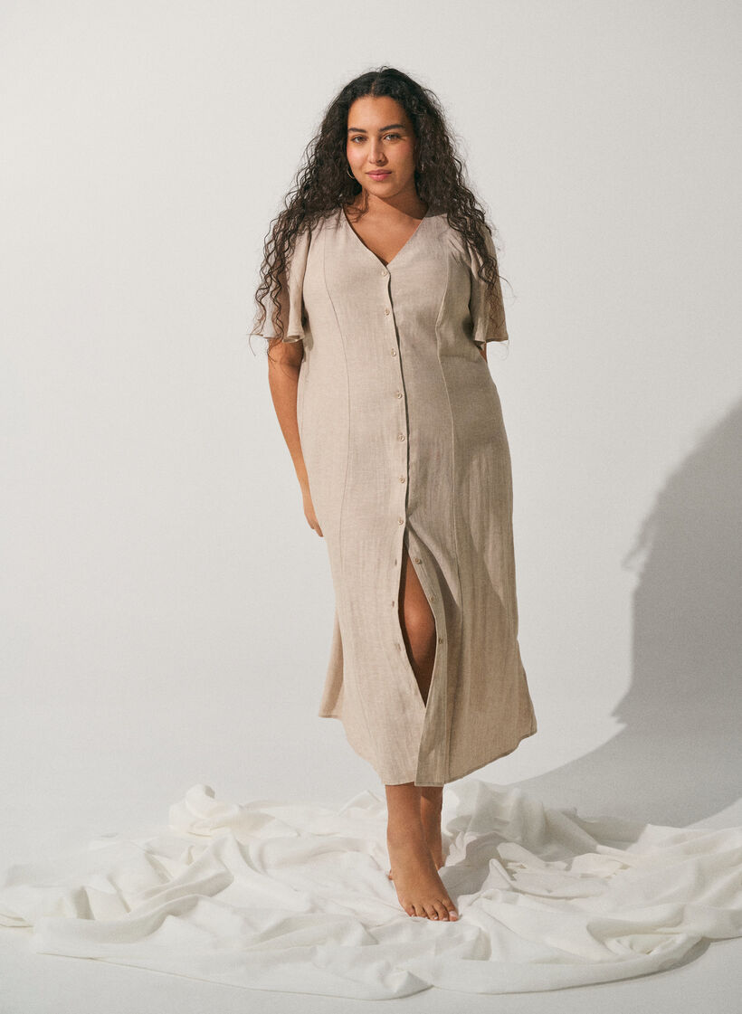 Midi dress in linen and viscose with ruffle sleeves, Beige, Image image number 0