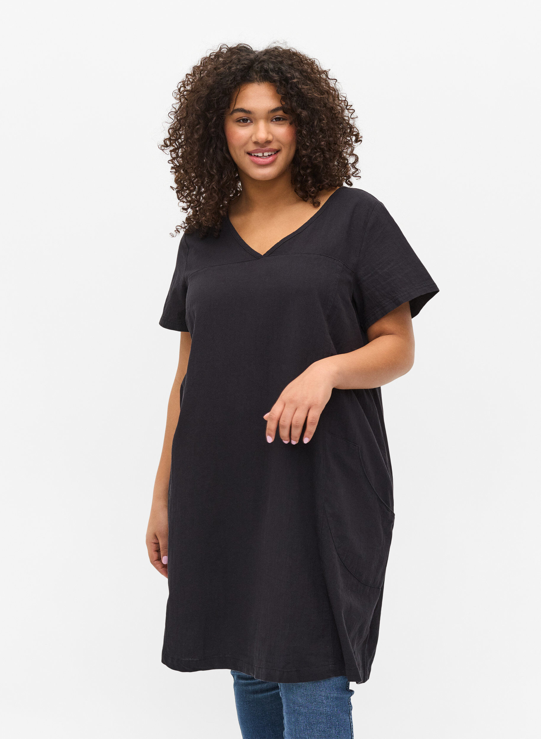 ZizzifashionShort-sleeved cotton dress, Black, Model image number 0
