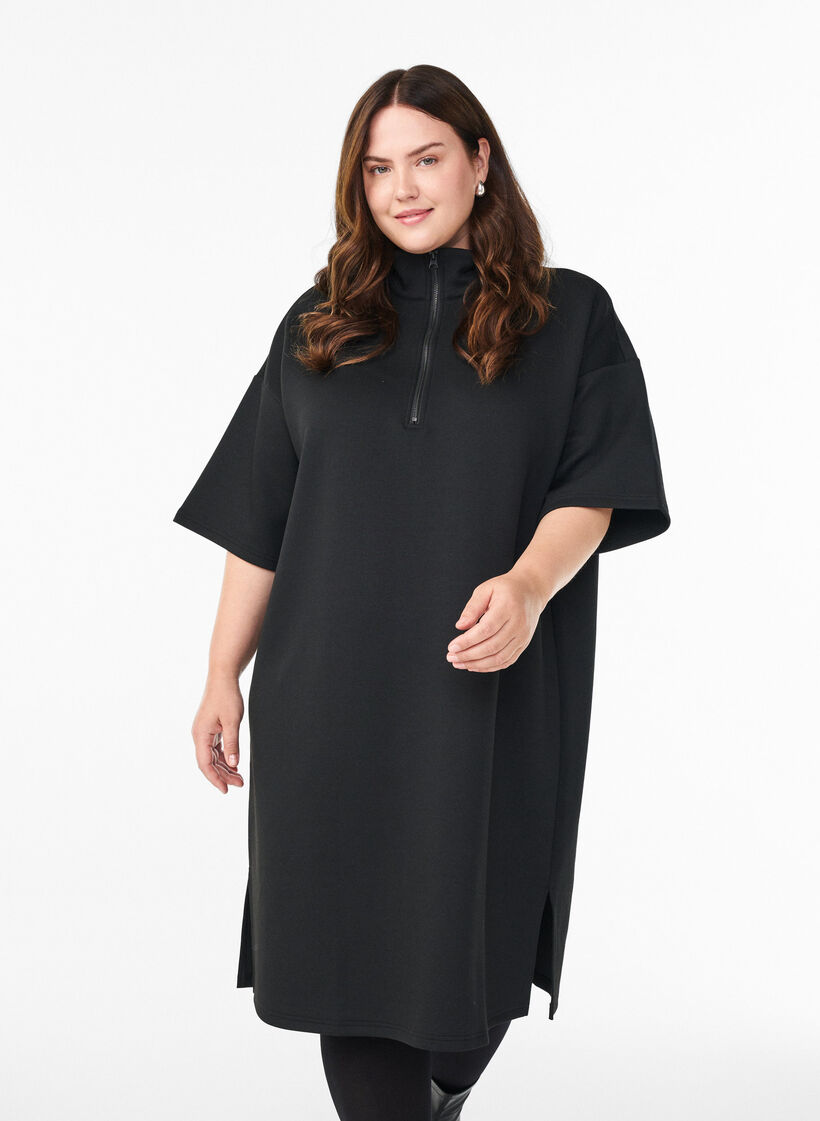 Short sweatshirt dress with high collar and zip, Black, Model image number 0