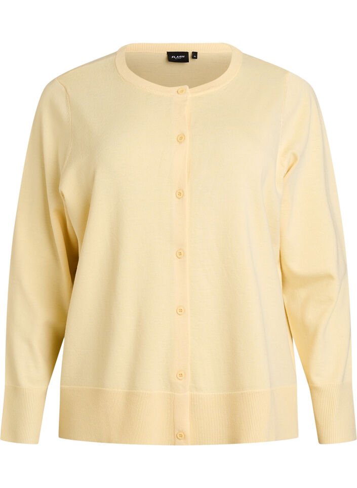 Fine-knit cardigan with round neck, Yellow, Packshot image number 0