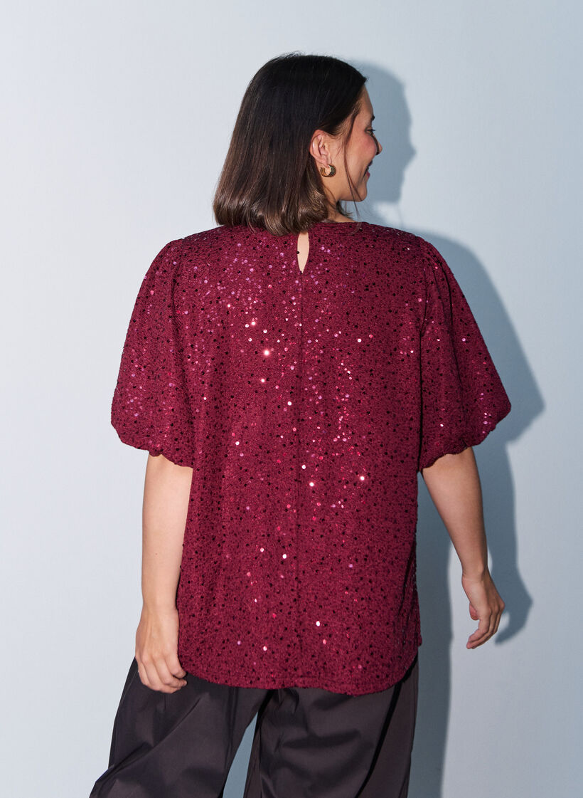 Sequin blouse with balloon sleeves, Red, Model image number 2