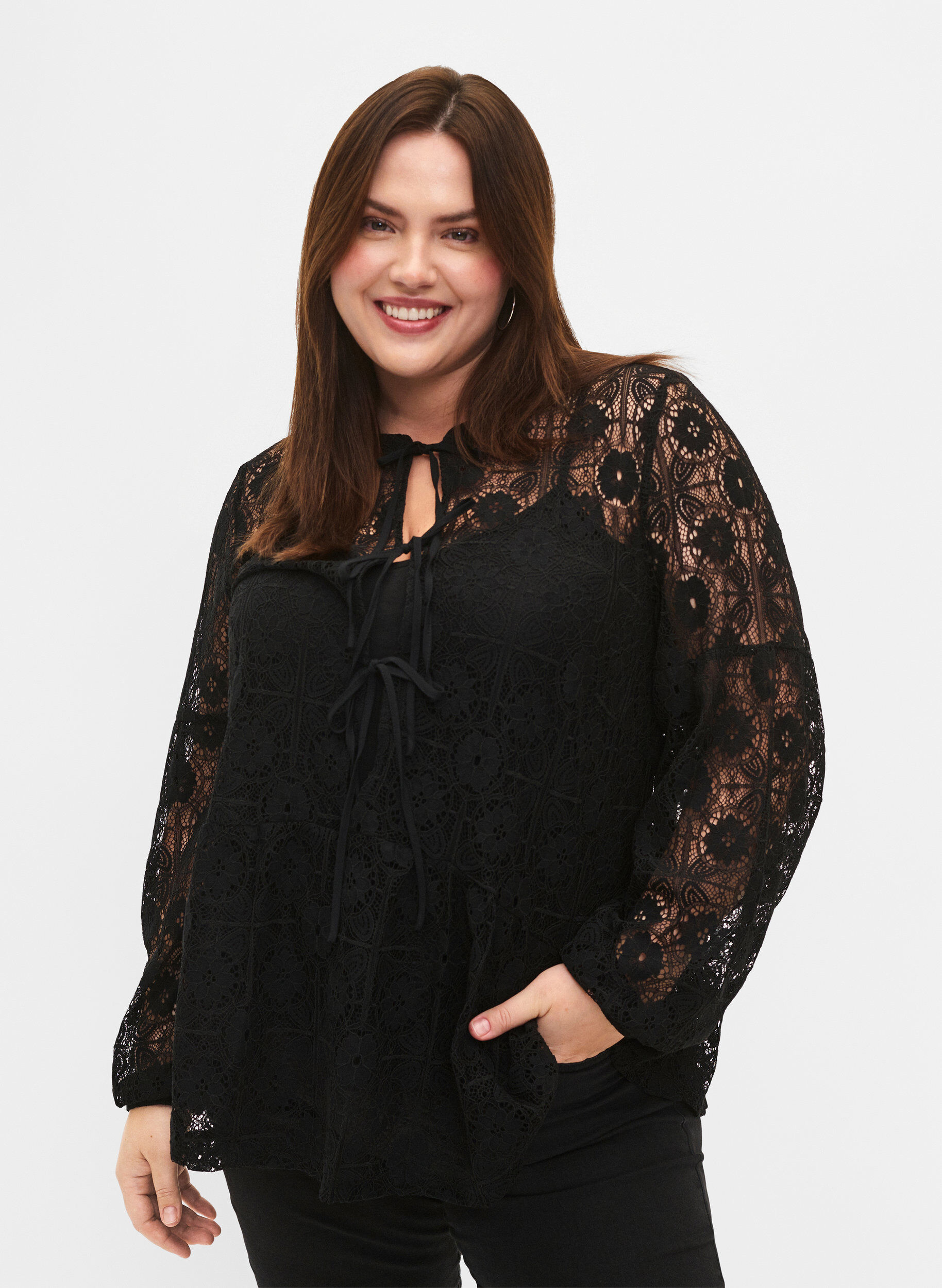 Zizzifashion Lace blouse with tie detail, Black, Model image number 0