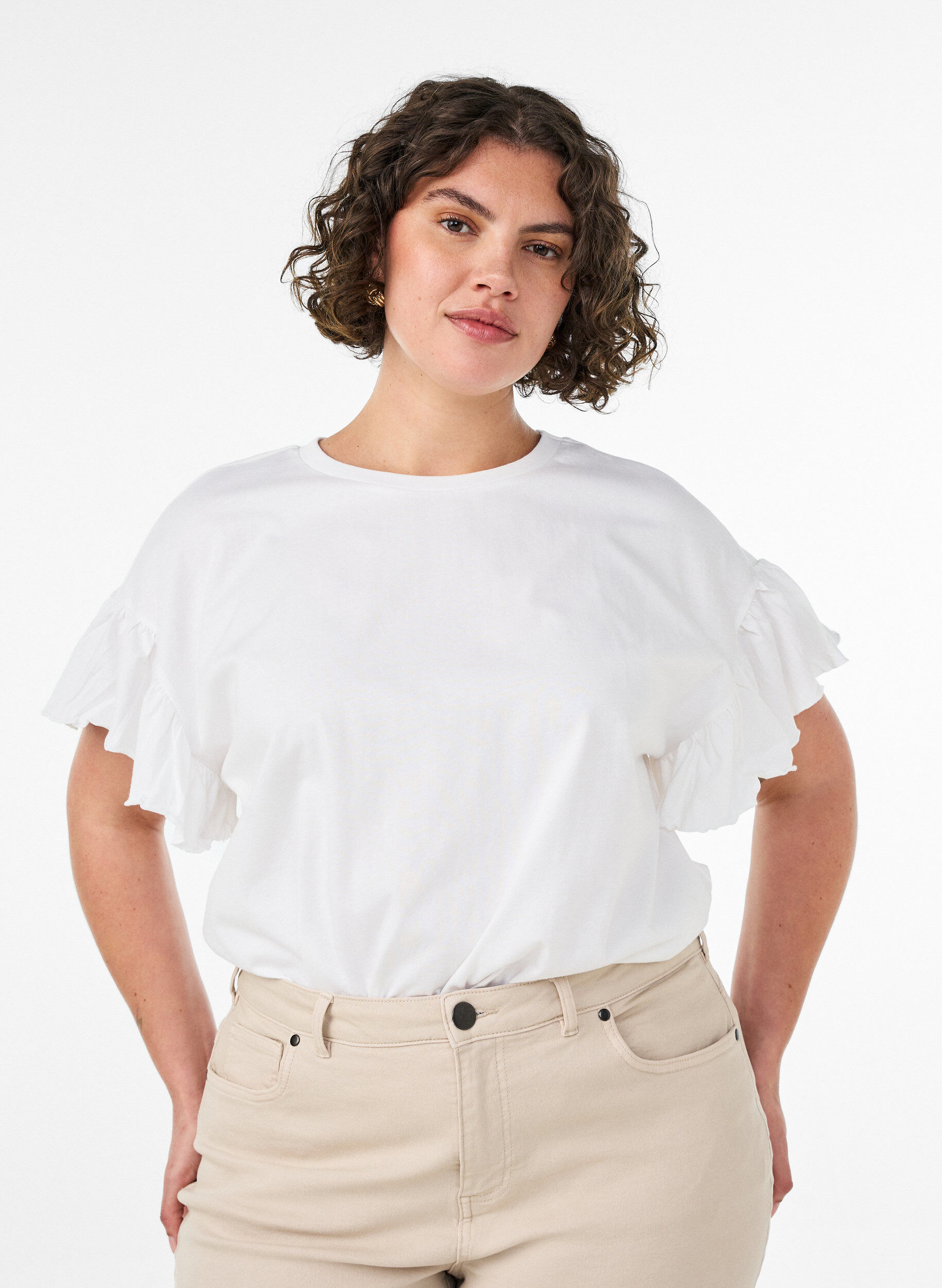 Zizzifashion Organic cotton T-shirt with ruffle sleeves, White, Model image number 0