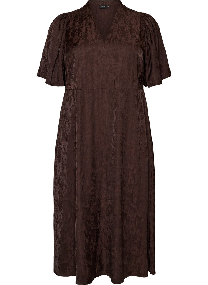 Midi jacquard dress with paisley pattern and wing sleeves, Brown, Packshot image number 0
