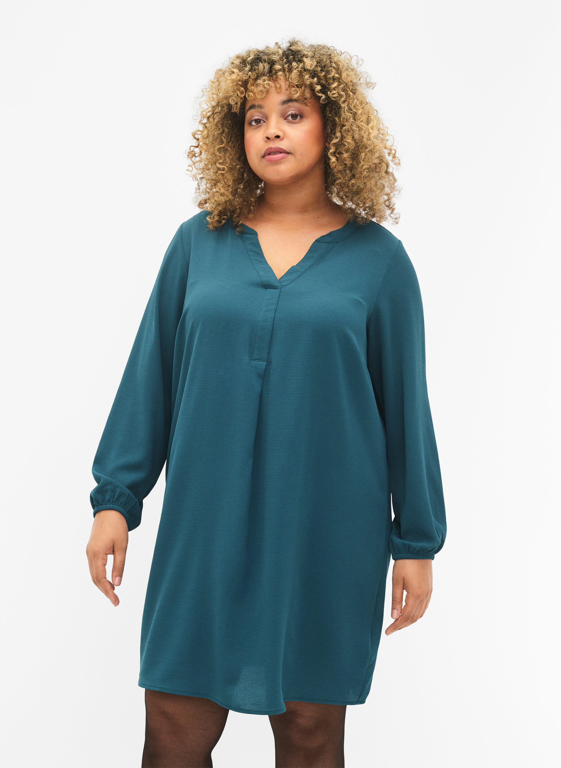 Zizzifashion Long-sleeved V-neck dress, Deep Teal, Model image number 0