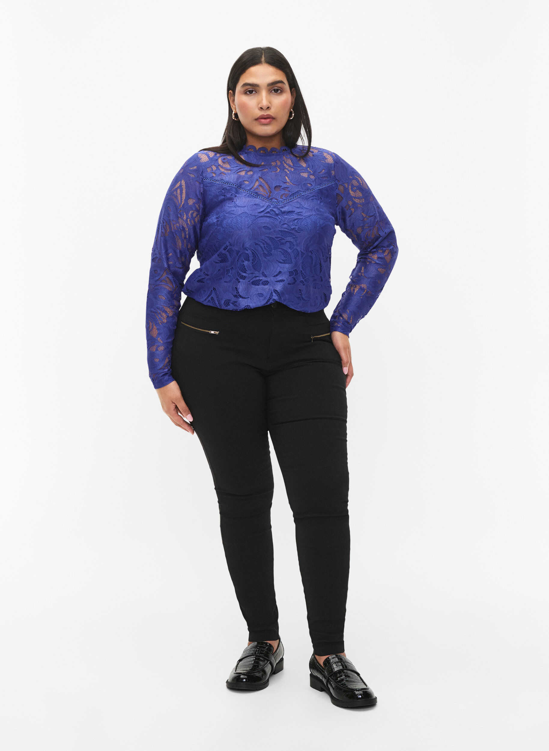 Zizzifashion Long-sleeved lace blouse, Deep Ultramarine, Model image number 2