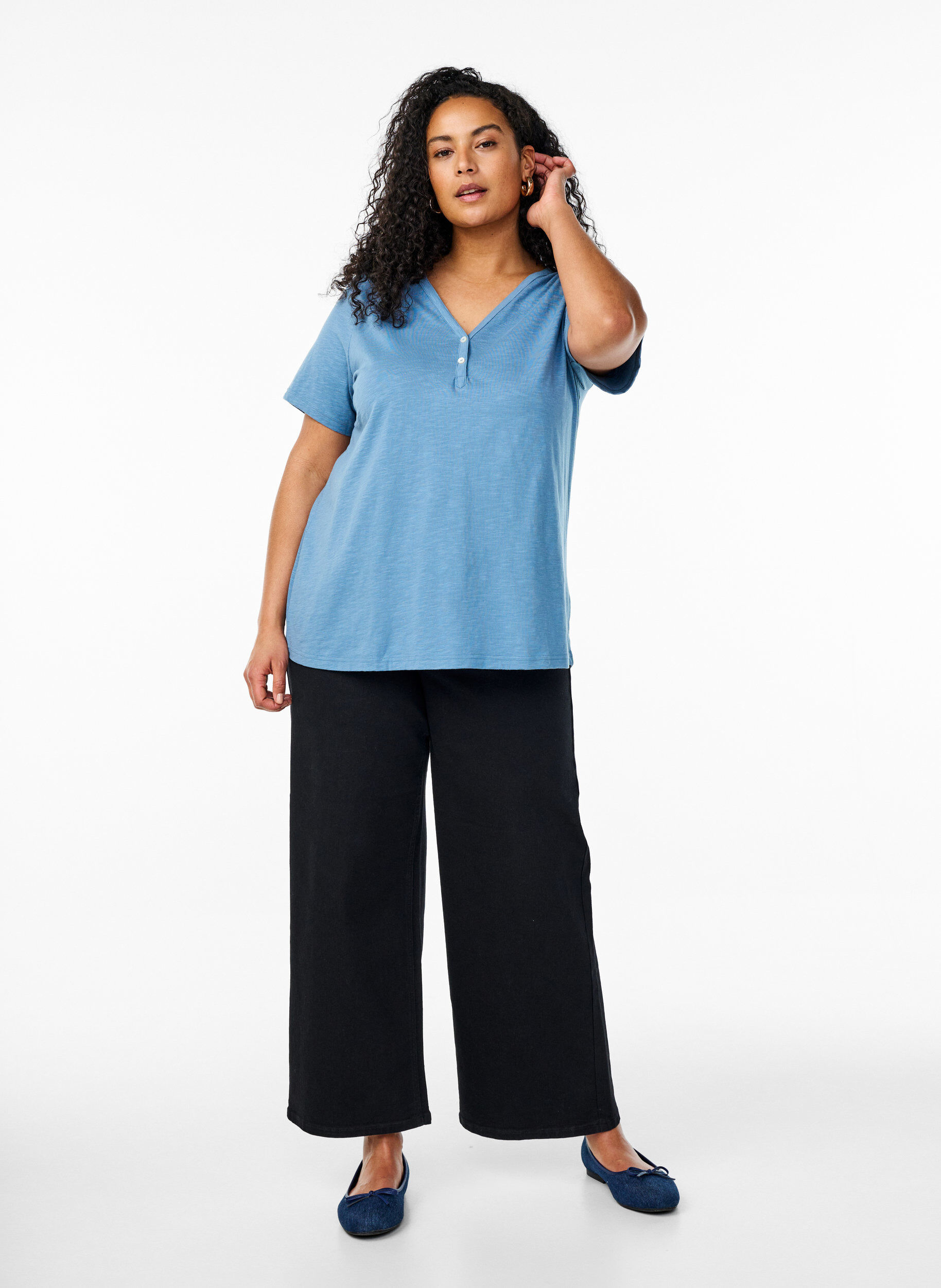 Zizzifashion FLASH - T-shirt with button detail, Blue, Model image number 1