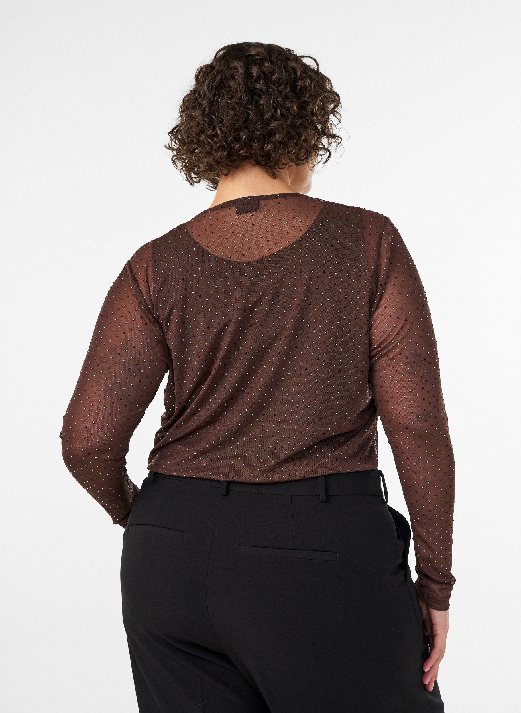 ZizzifashionSheer mesh blouse with rhinestones, Brown, Model image number 2