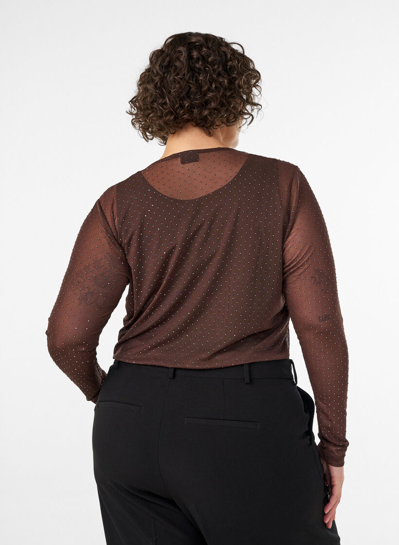 Sheer mesh blouse with rhinestones, Brown, Model image number 2