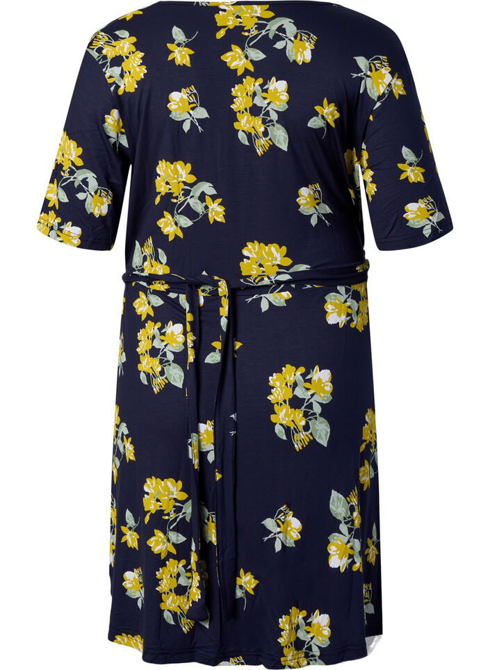 Wrap dress in viscose with short sleeves, Night Sky AOP Flower, Packshot image number 1