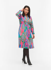 Printed wrap dress with long sleeves, Colorfull Art Print, Model
