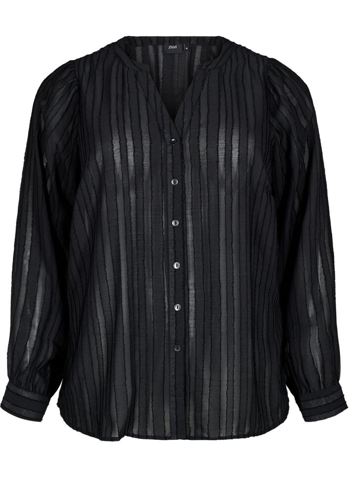 Striped shirt blouse with sheer stripes, Black, Packshot image number 0