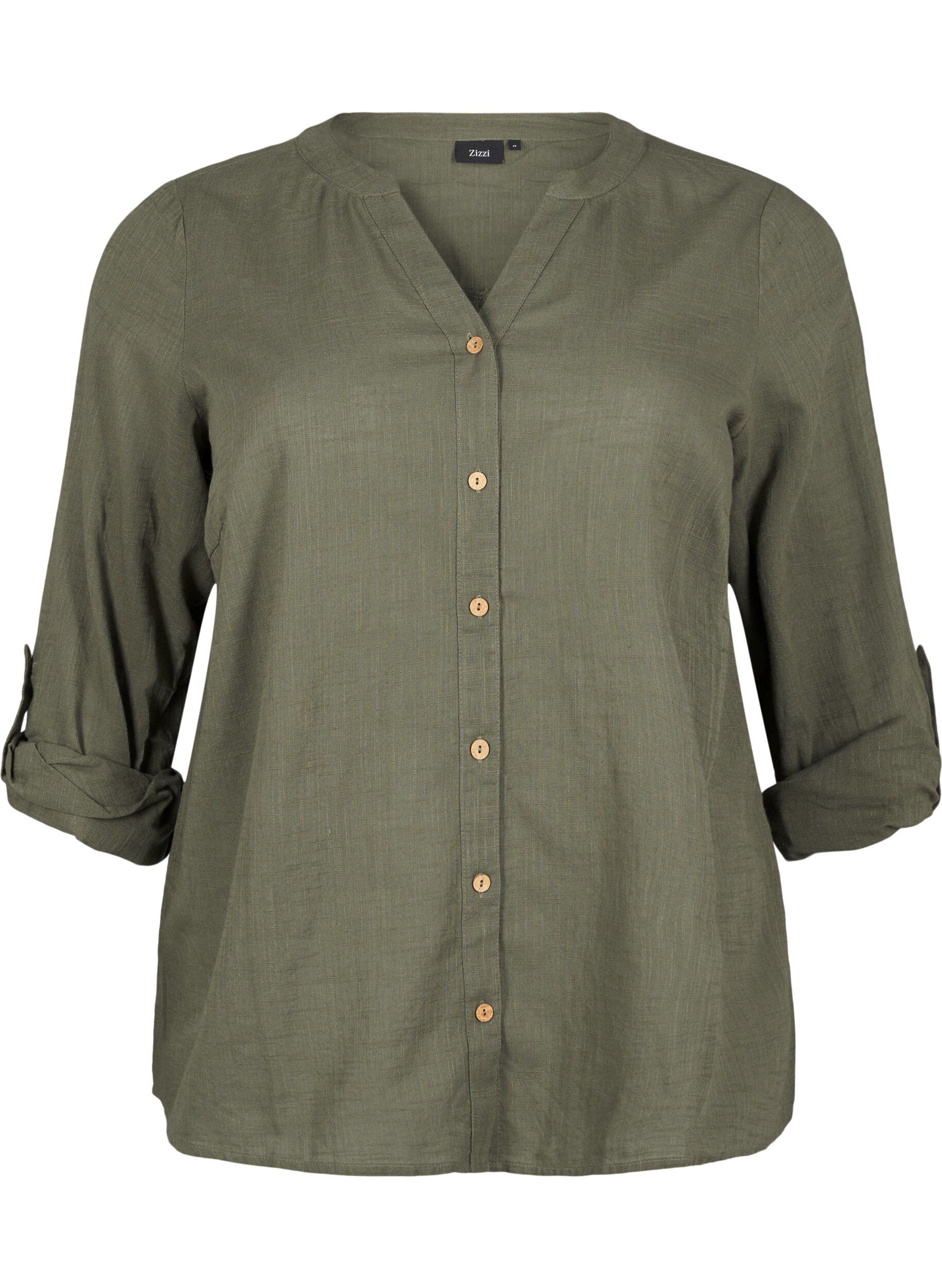 ZizzifashionCotton shirt blouse with a v-neck, Green, Packshot image number 0