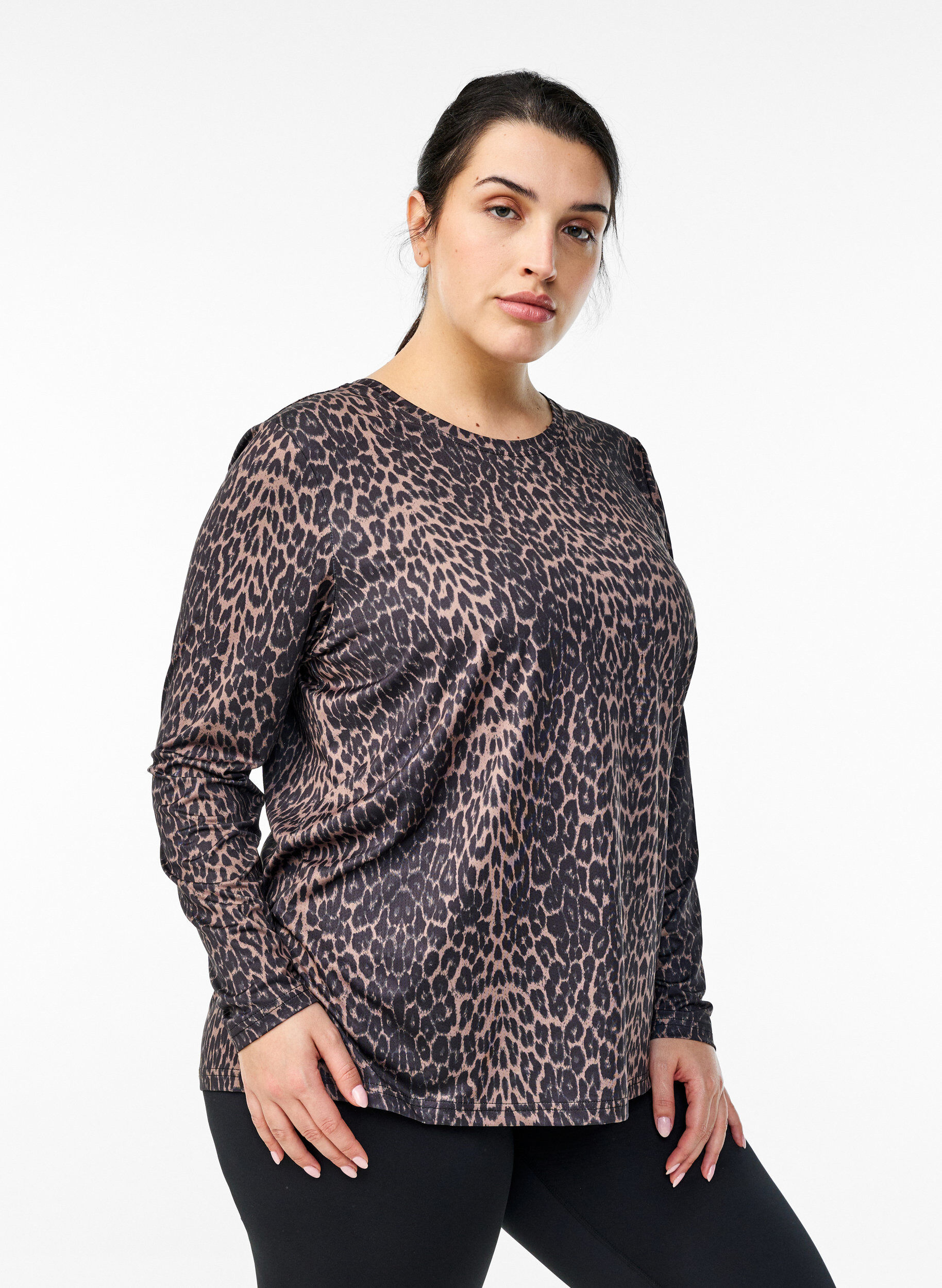 Zizzifashion Long-sleeved workout top with leopard print, Brown, Model image number 0