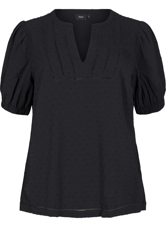 Blouse with short puff sleeves and dotted texture, Black, Packshot image number 0