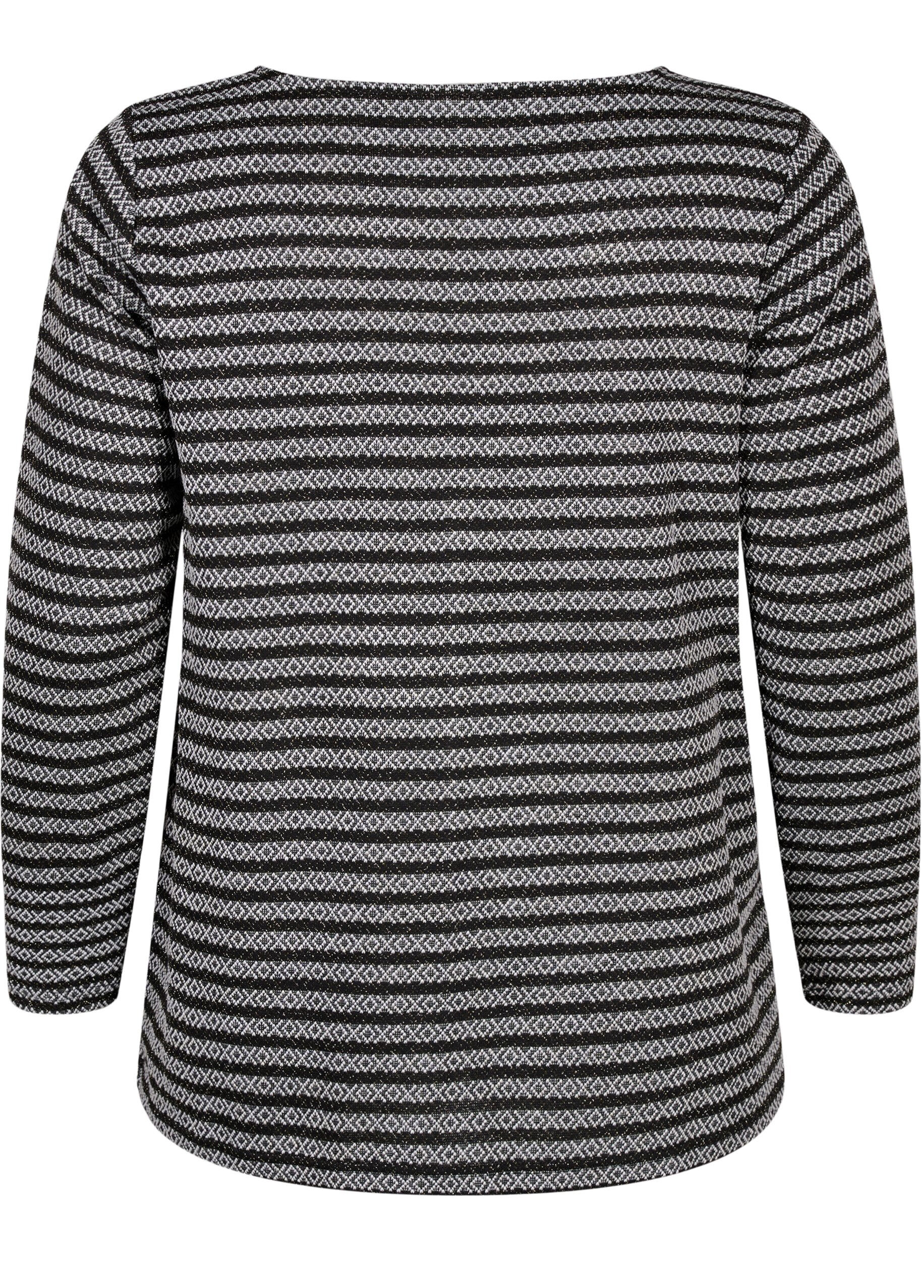 Zizzifashion Round neck blouse with striped pattern, Black Stripe, Packshot image number 1