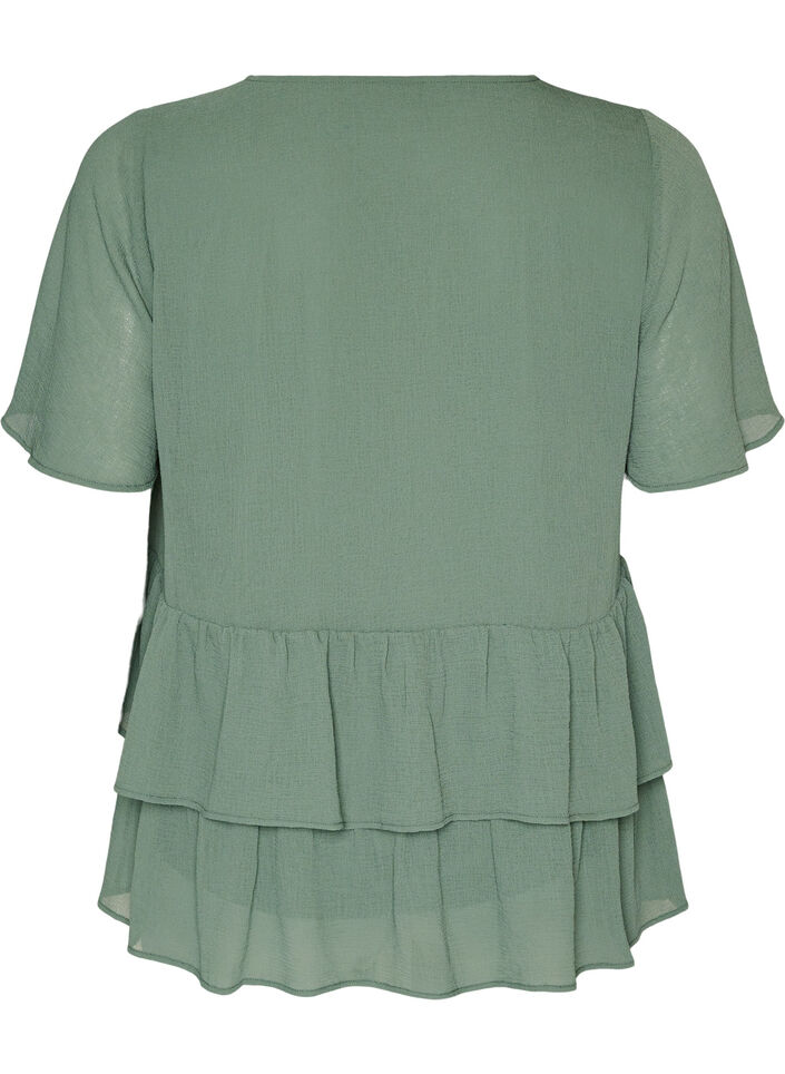 Blouse with V-neck and ruffles, Green, Packshot image number 1