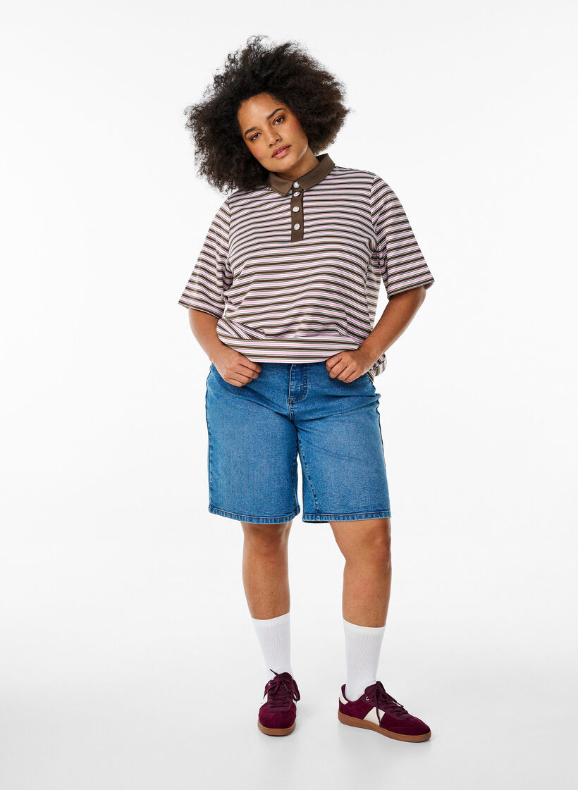 Striped polo shirt with short sleeves and buttons, Brown, Model image number 1