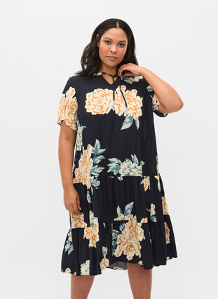 Short-sleeved viscose dress with print, Roses on Navy, Model image number 0