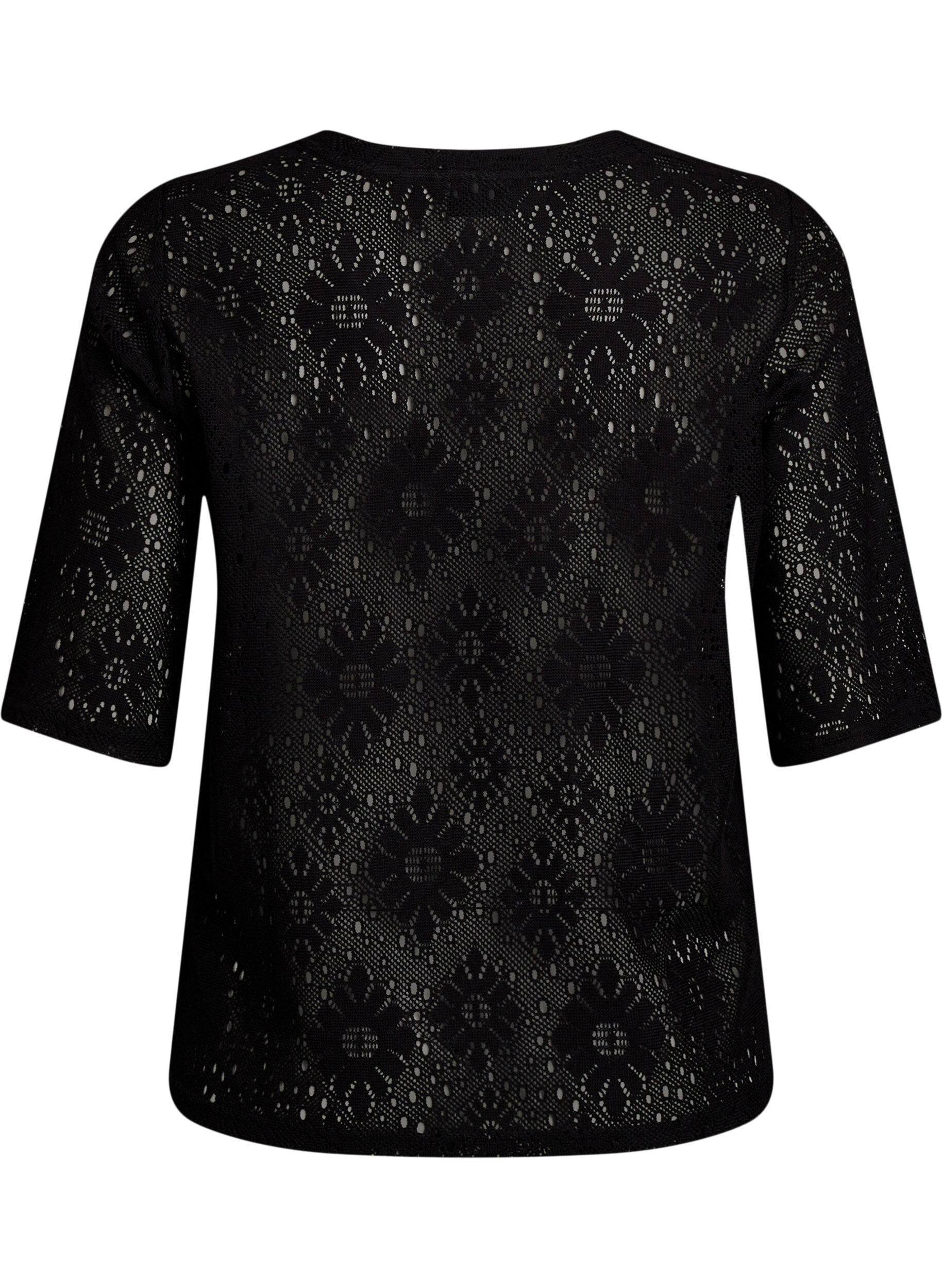 Zizzifashion Blouse with an openwork pattern and short sleeves, Black, Packshot image number 1