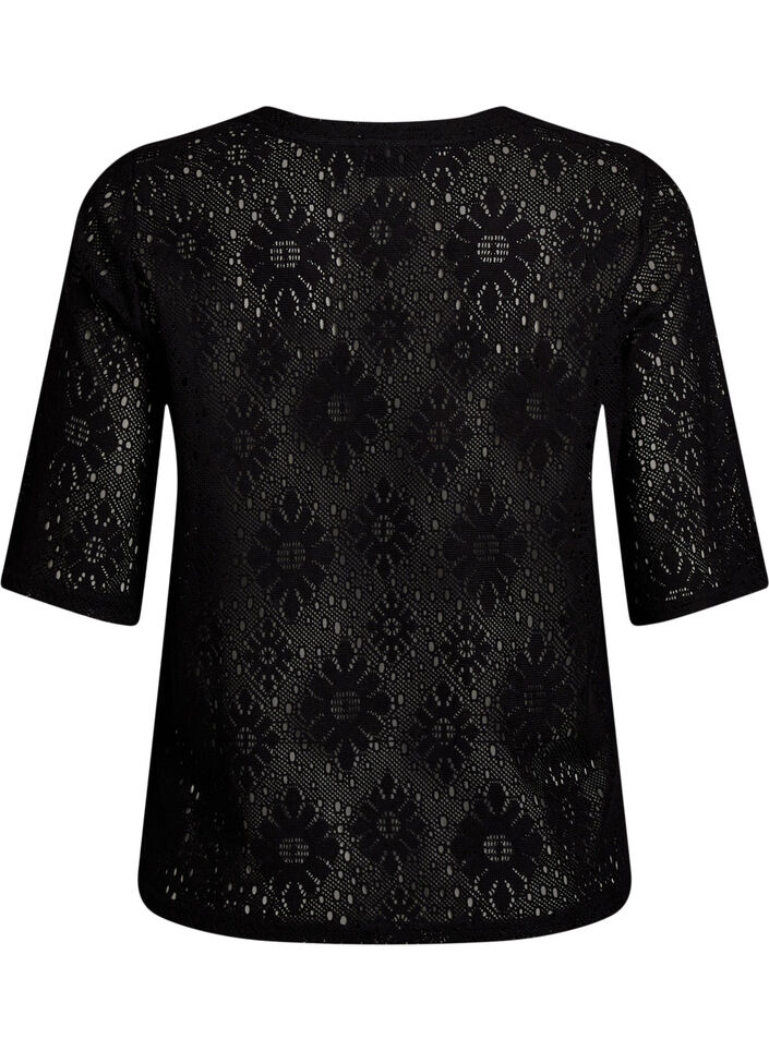 Blouse with an openwork pattern and short sleeves, Black, Packshot image number 1