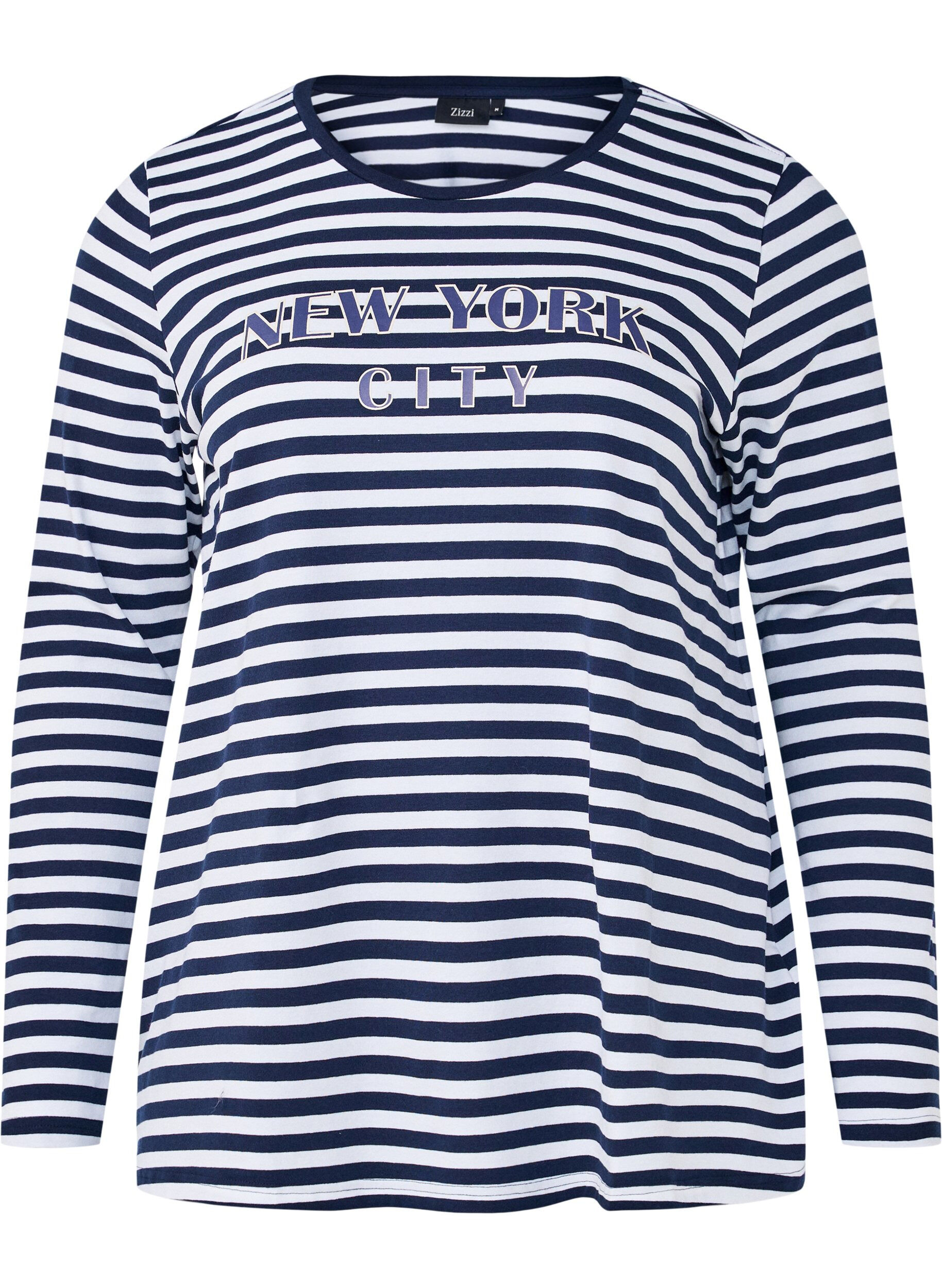 Zizzifashion Striped blouse with motif, White w.Navy Stripe, Packshot image number 0
