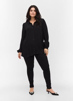 Long-sleeved viscose shirt with ruffle details, Black, Model image number 2