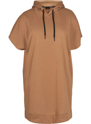 Short-sleeved sweater dress with a hood, Raw Umber, Packshot image number 0