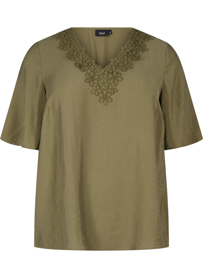 Viscose blouse with v-neck and embroidery detail, Green, Packshot image number 0