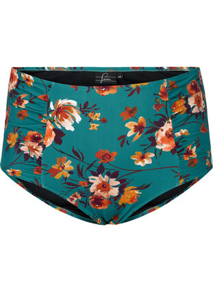 High-waisted bikini bottoms with floral print, Green Flower, Packshot image number 0