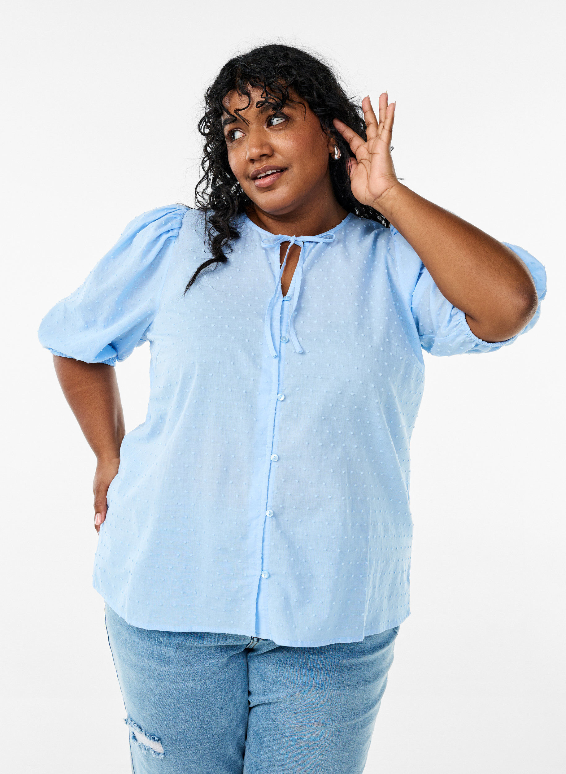 Zizzifashion Shirt blouse with tie string and dotted texture, Light Blue, Model image number 3