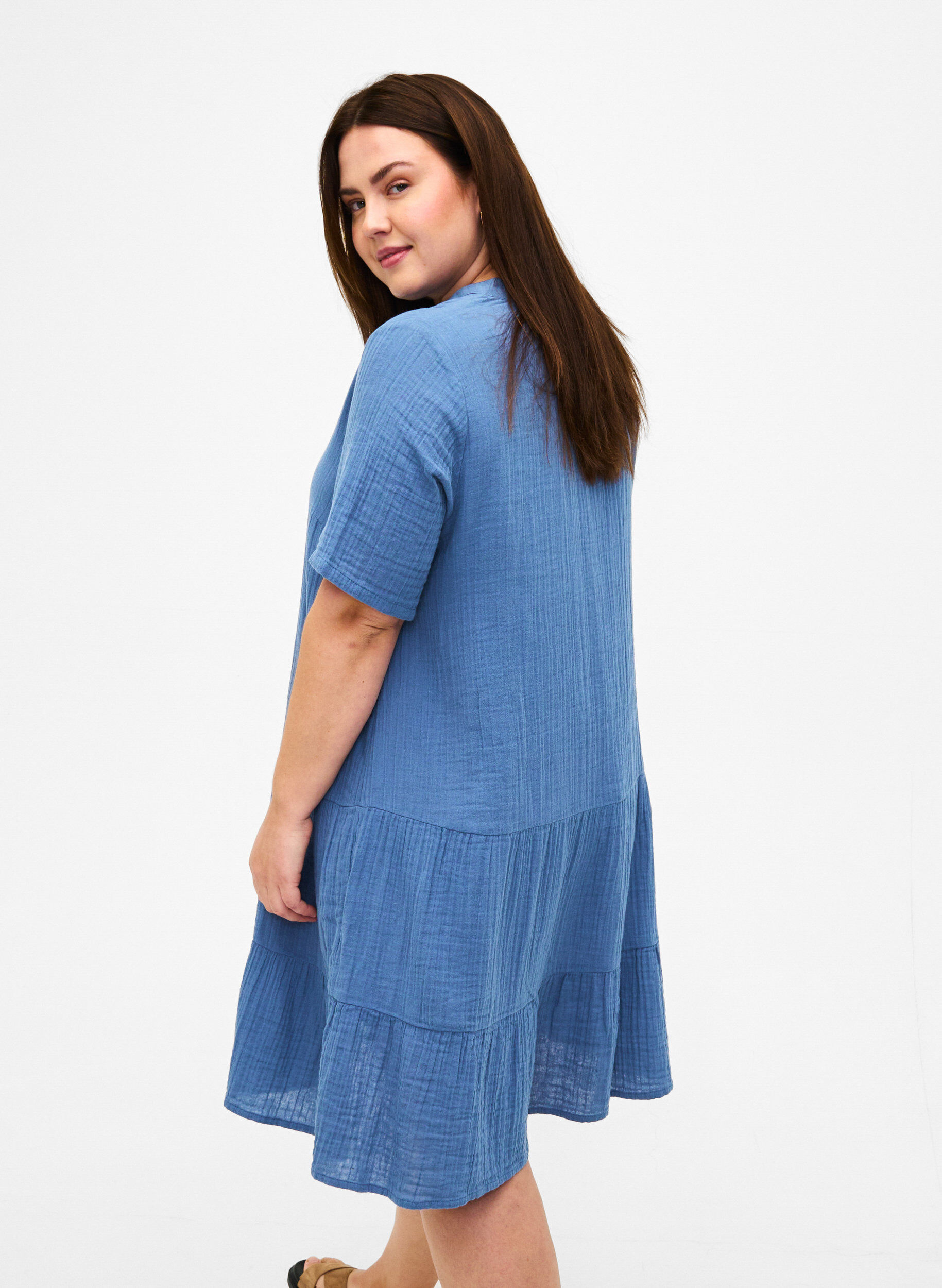 Zizzifashion Short sleeve dress in 100% cotton, Moonlight Blue, Model image number 1
