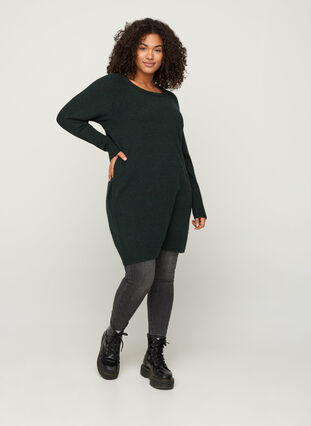 Long-sleeved knitted dress with a round neck, Darkest Spruce Mel, Model image number 3