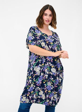 Short-sleeved viscose dress with print, Blue Flower AOP, Model image number 0