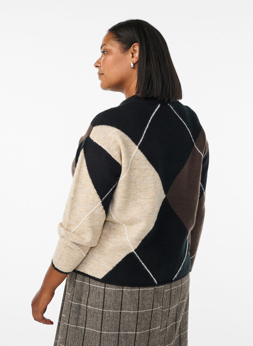 Jumper with large checks and contrast sleeves, Black, Model