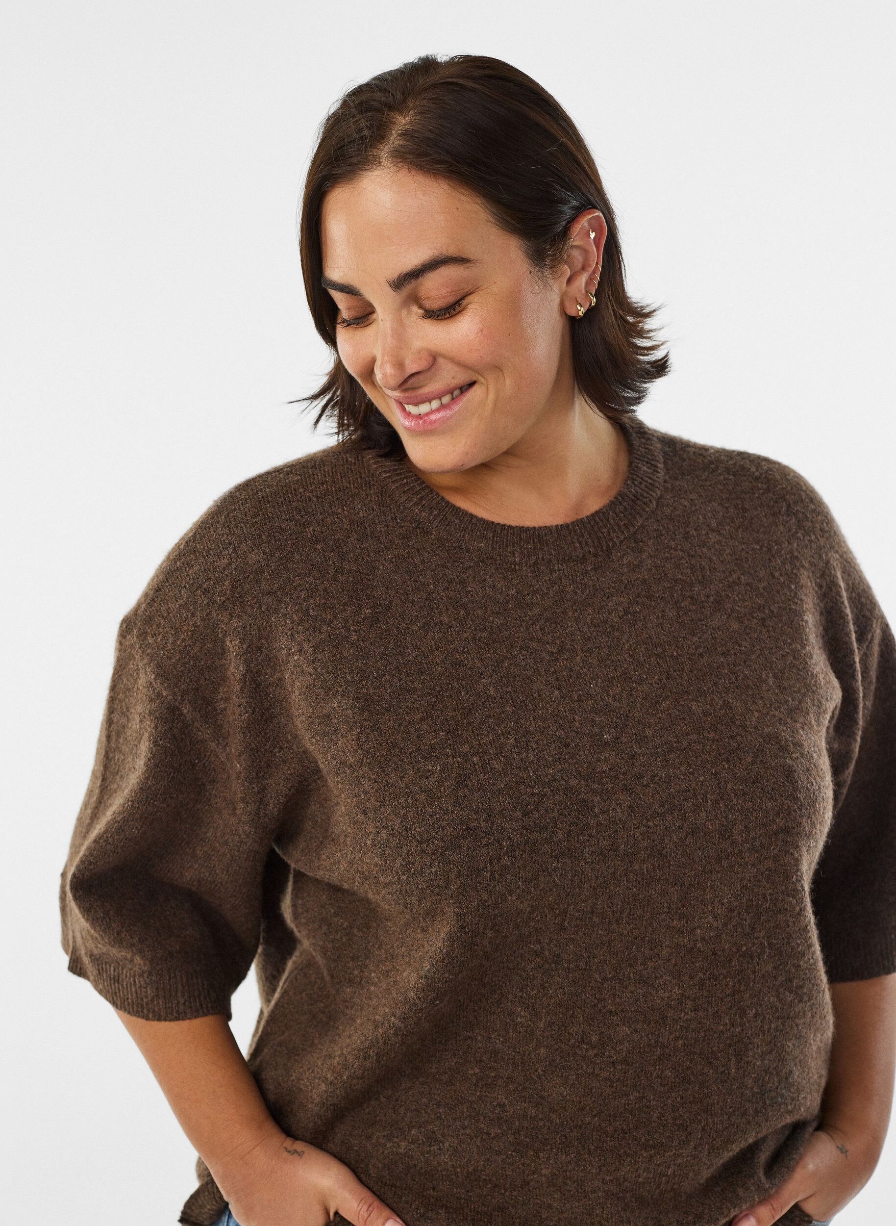 Zizzifashion Loose knitted blouse with short sleeves, Brown, Model image number 3