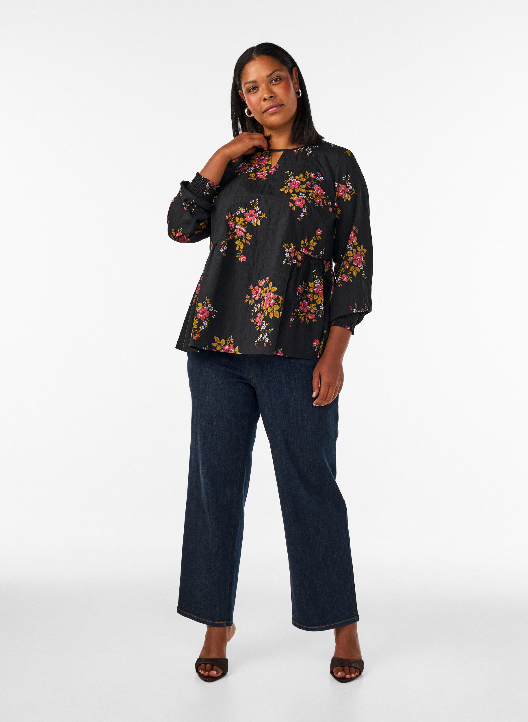 ZizzifashionLong-sleeved blouse with floral print, Black, Model image number 1