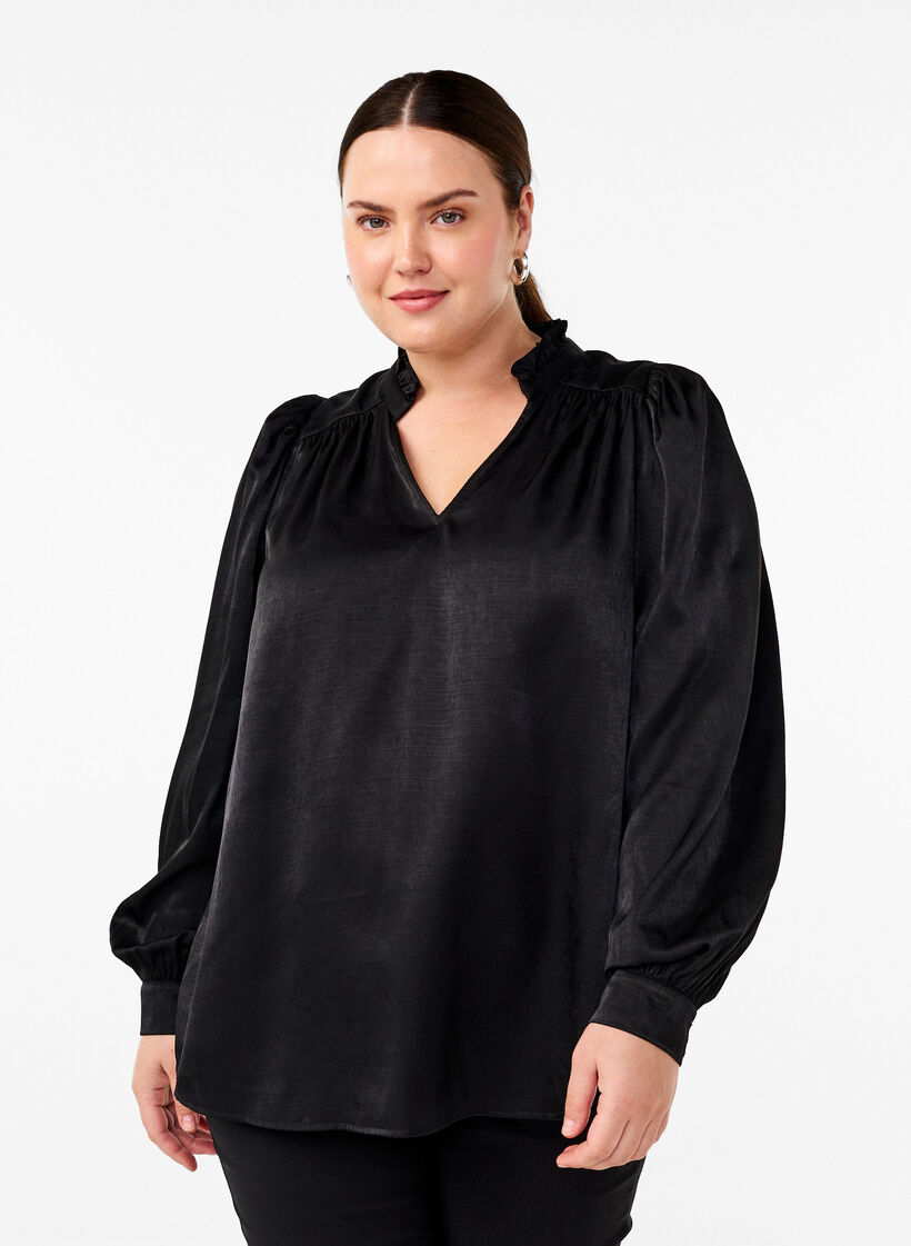 Long-sleeved blouse with ruffles and v-neck, Black, Model image number 0
