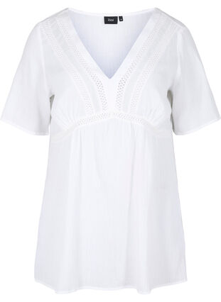 Short-sleeved blouse in cotton with lace, Snow White, Packshot image number 0