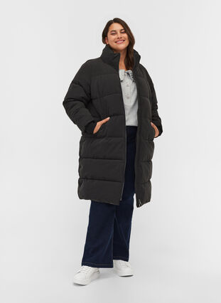Long puffer jacket with zipper, Black, Model image number 3