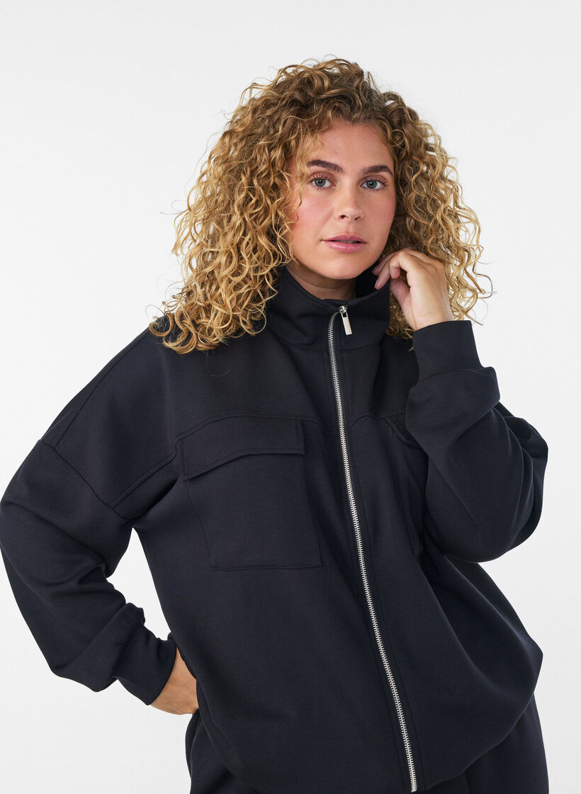Jersey cardigan with zipper and high collar, Black, Model image number 3