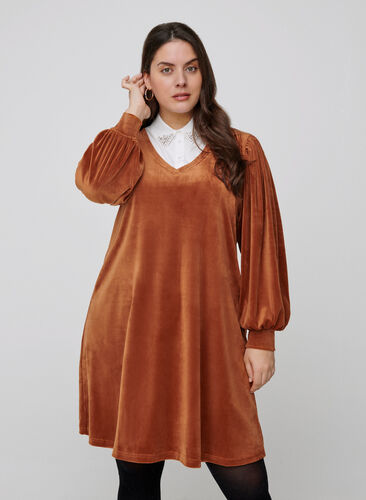 Velour dress with long puff sleeves, Brown ASS, Model image number 0