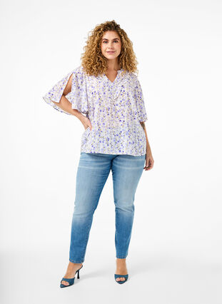 V-neck short sleeve blouse with floral print, Sand Verbena AOP, Model image number 2