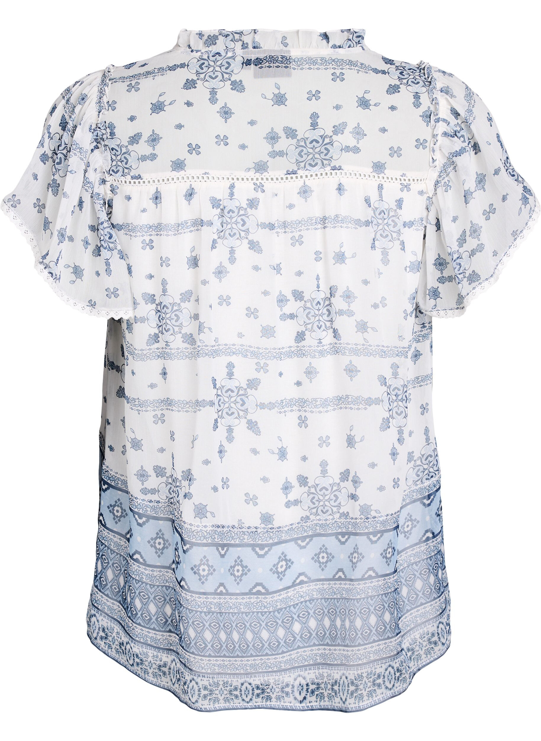 Zizzifashion Patterned blouse with ruffle detailing and short sleeves, White, Packshot image number 1