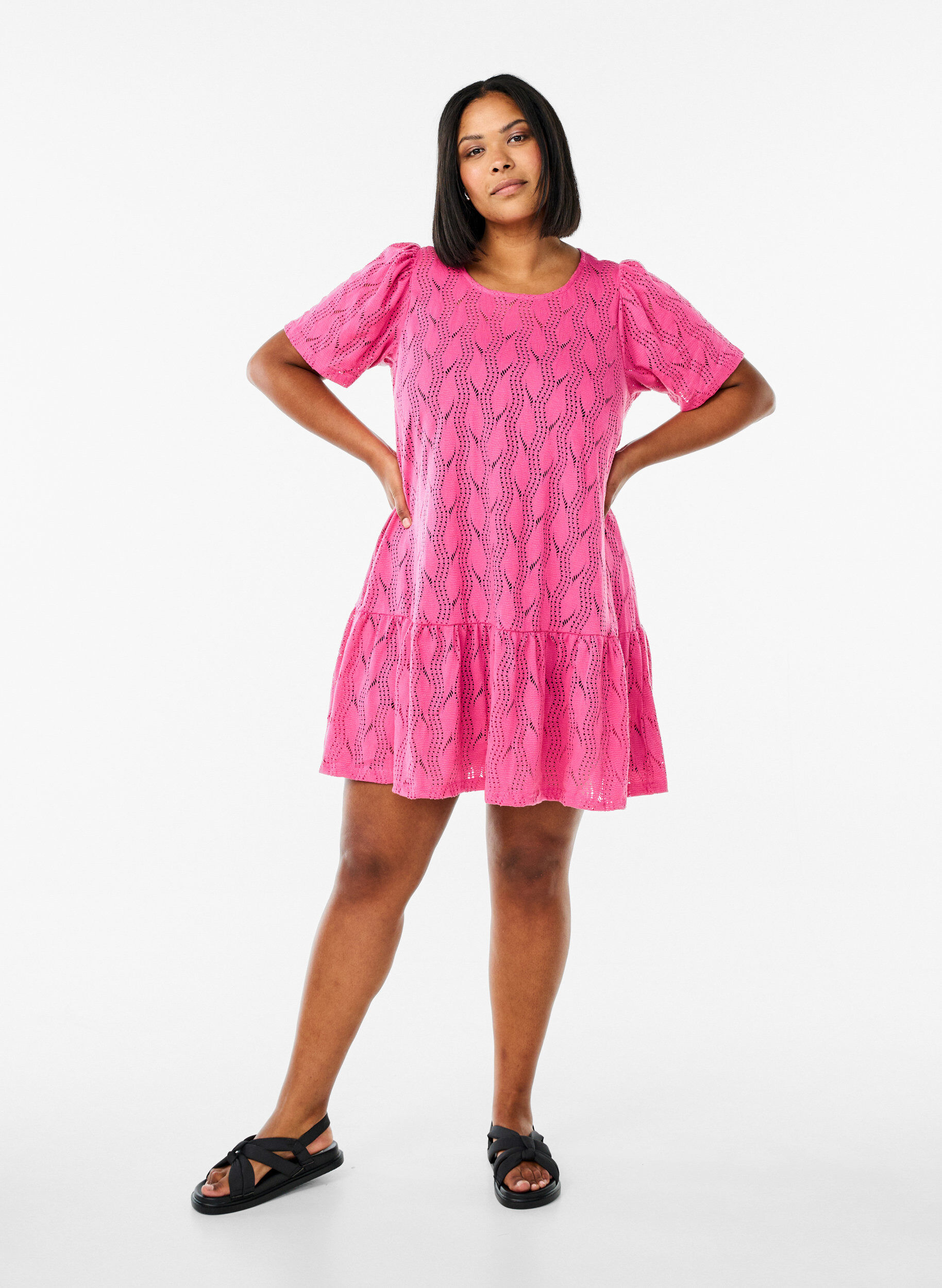 Zizzifashion Short jersey dress with eyelet pattern, Pink, Model image number 1