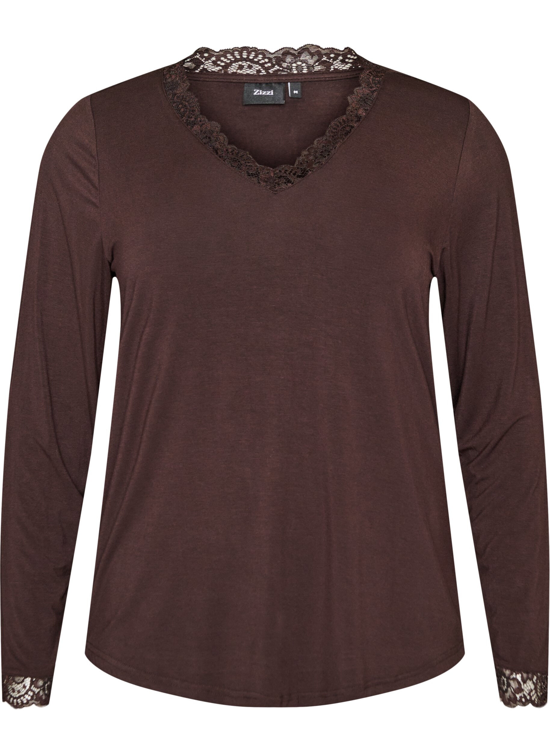 ZizzifashionViscose blouse with lace trim and V-neck, Brown, Packshot image number 0