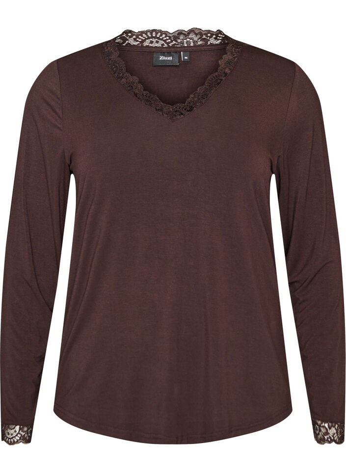 Viscose blouse with lace trim and V-neck, Brown, Packshot image number 0