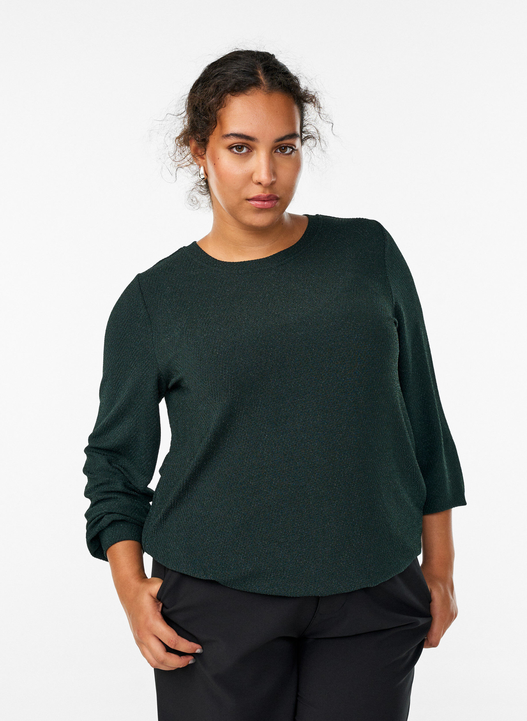 Blouse with herringbone pattern and glitter thread, Green, Model